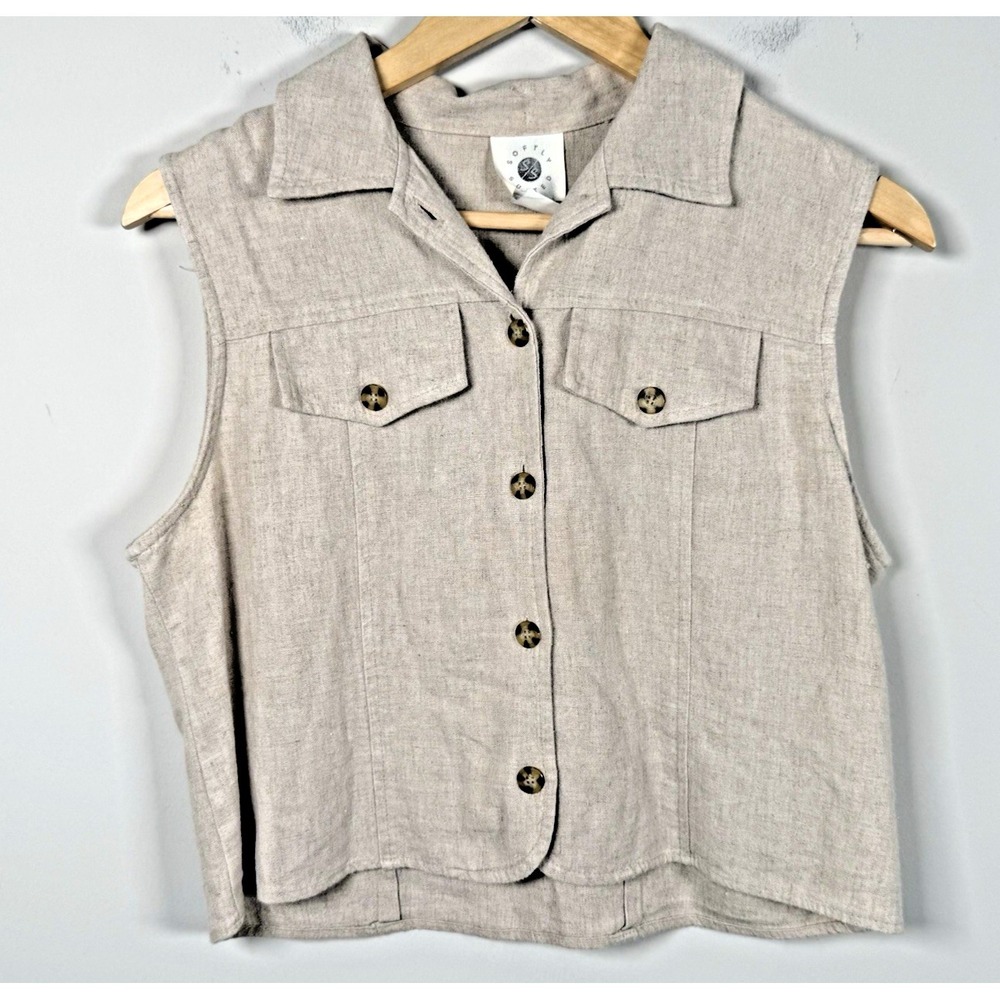 Softly Suited Vest Utility Crop Button Front Beige Linen Blend Size 10 y2k Prep
